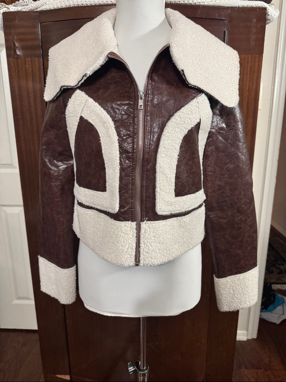 SHEIN Brown & Cream faux shearling Trim Zip Jacket